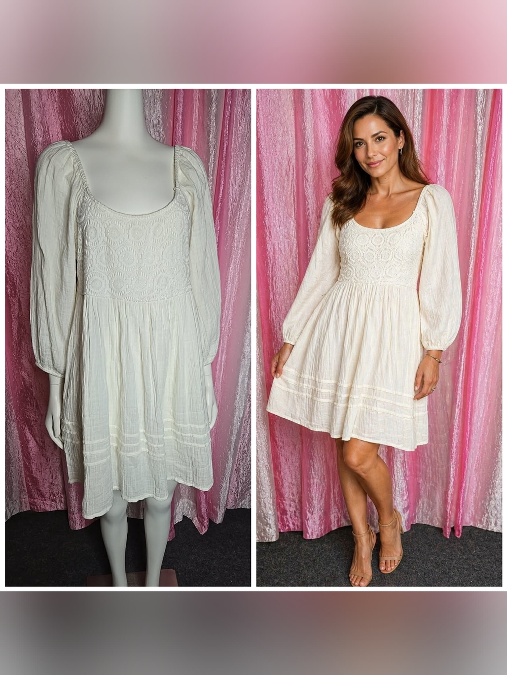 Sanctuary Cream 100% Cotton Textured Boho Midi Dress Size Large